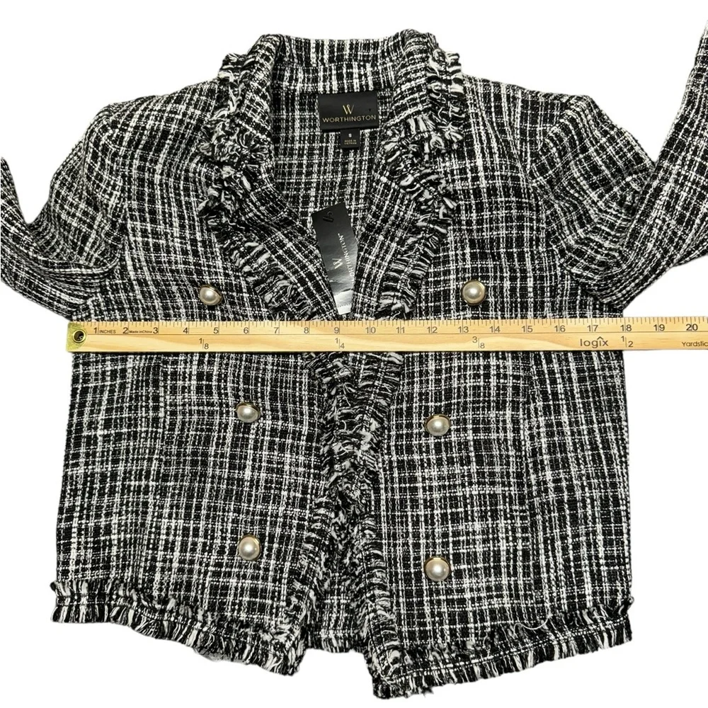 Worthington Tweed Blazer Jacket Womens Size Small NWT Ruffled Black White Career